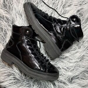 $499 Paul Green Combat Boot Black Patent Leather Merino Wool Austria Shoes 9.5US